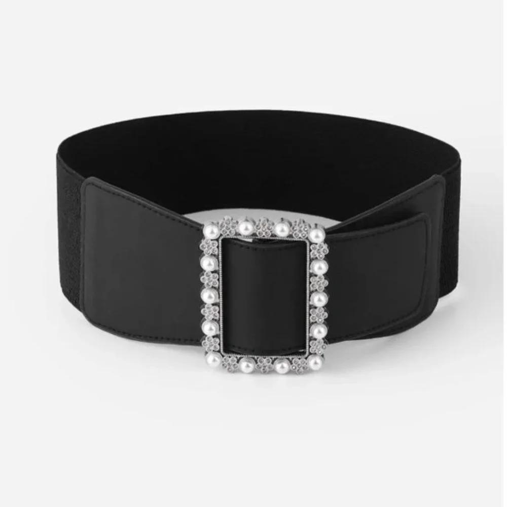 Vegan Leather Faux Pearl & Rhinestone Decor Belt - Picture 1 of 7